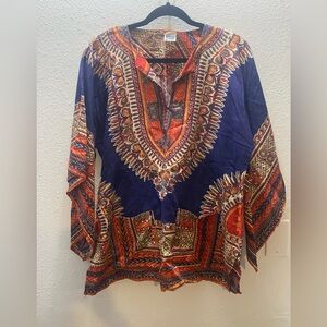 Vintage Colorful Dashiki Multi-Colored Print Tunic Kaiser Size Large Cotton